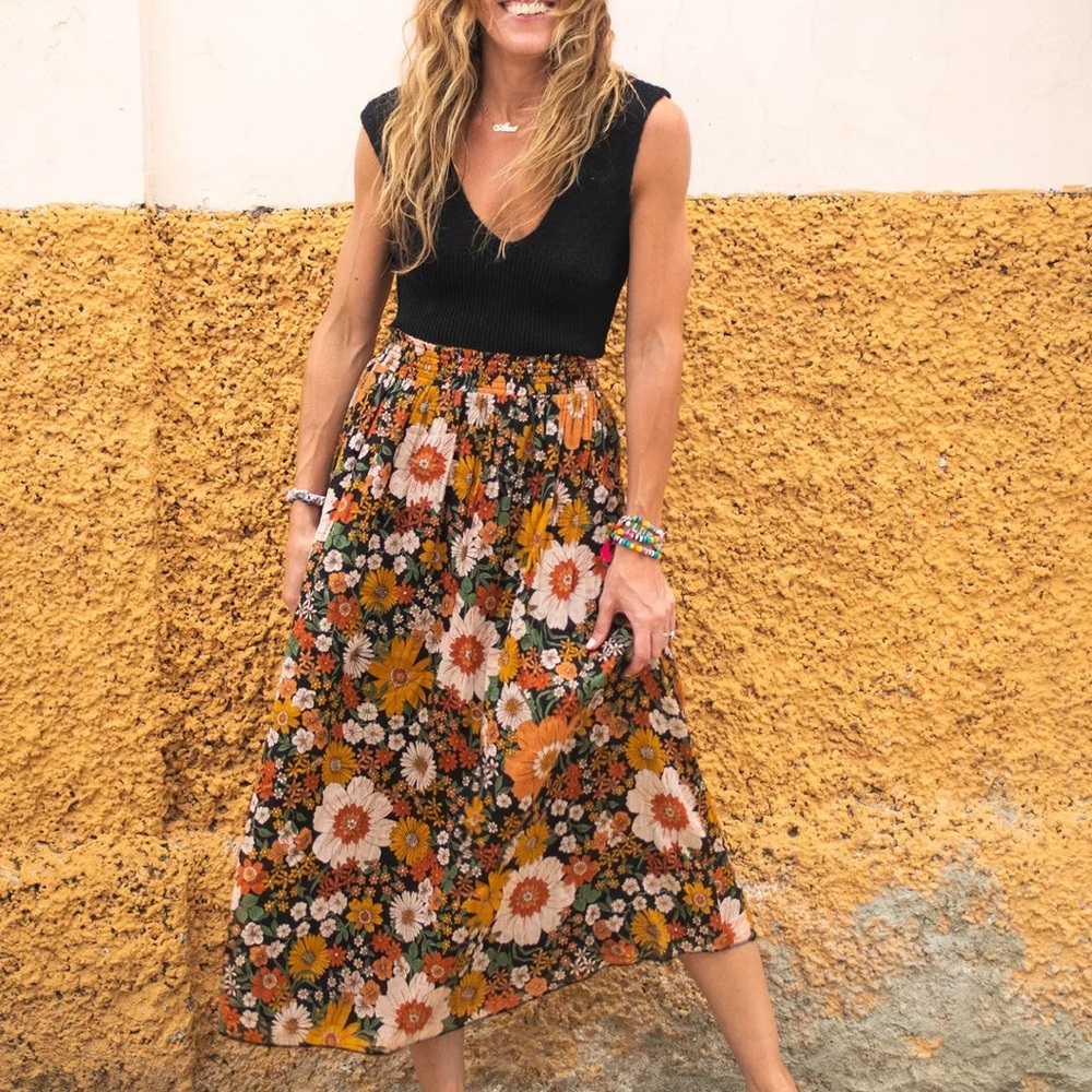 NATURAL LIFE Floral Maxi Skirt - Black and Orange